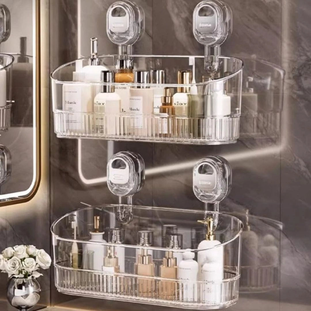 Shelf holding toiletries near shower area